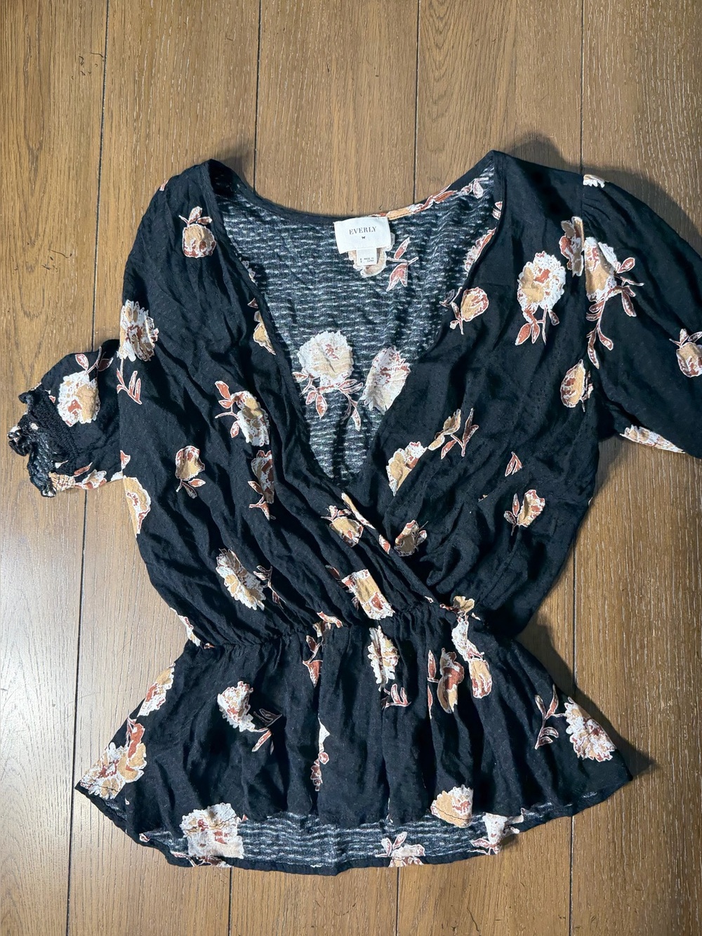 Anthropologie Everly Black Floral Wrap Peplum Top size Small